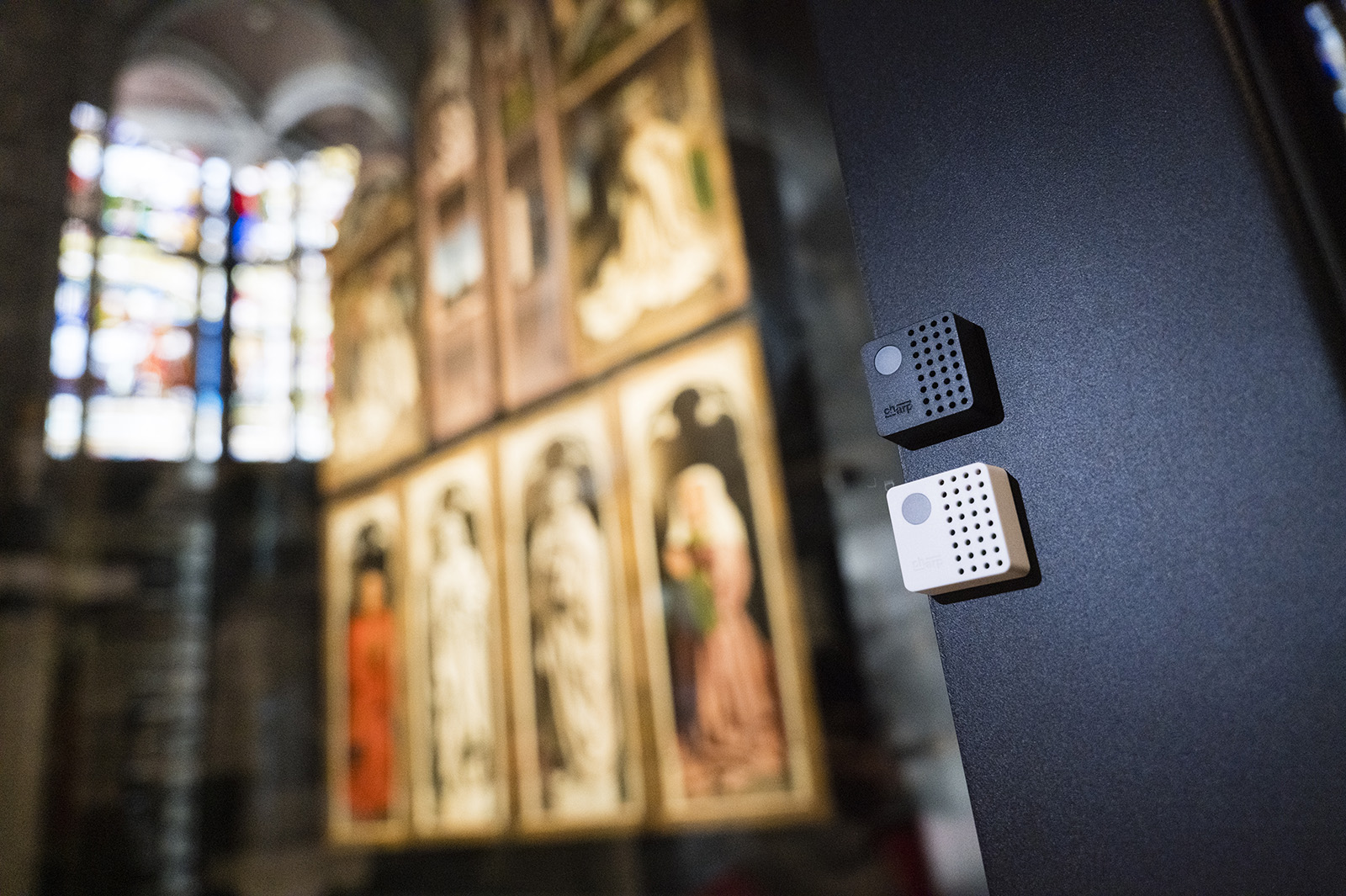 Two Charp loggers mounted on a dark wall beside the panels of the Ghent Altarpiece in Sint-Baafskathedraal.